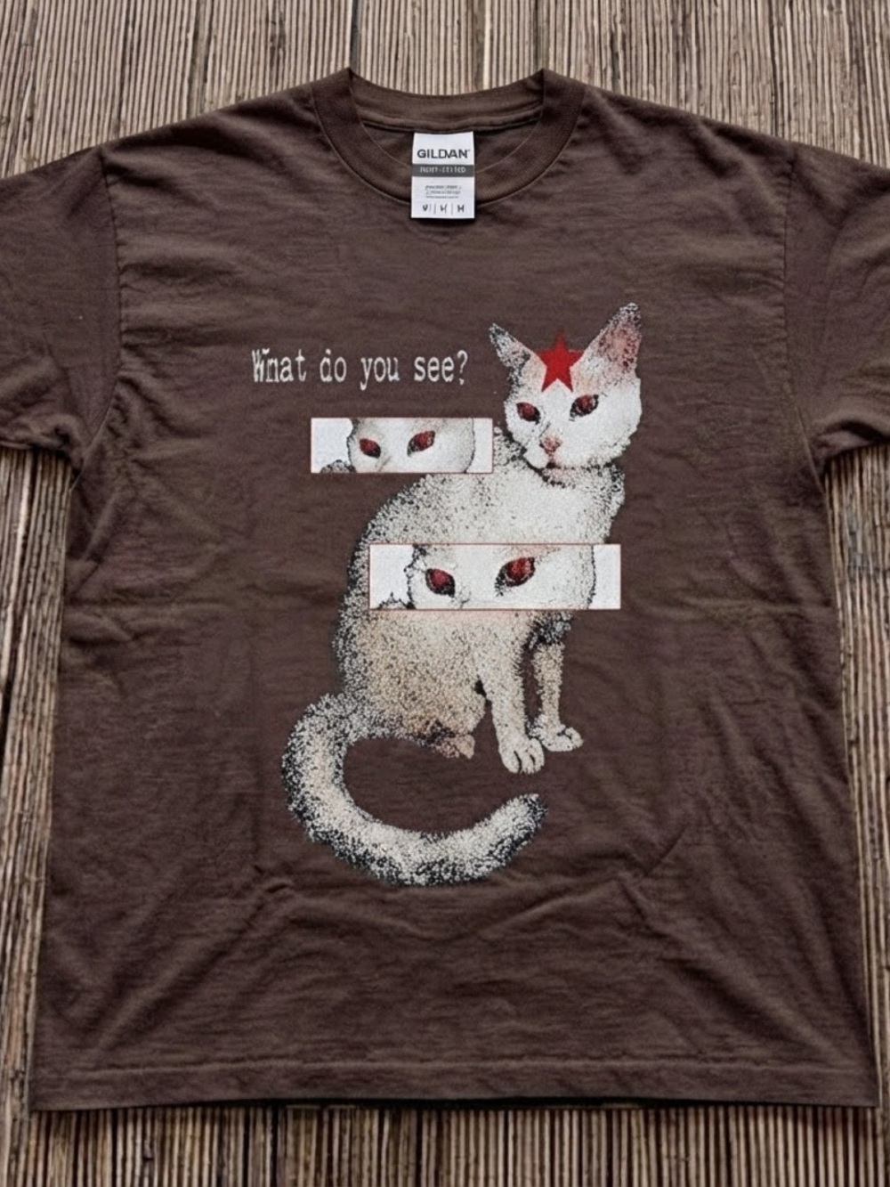 Gildan Dark Chocolate Cat Graphic Tee - "What Do You See?"
